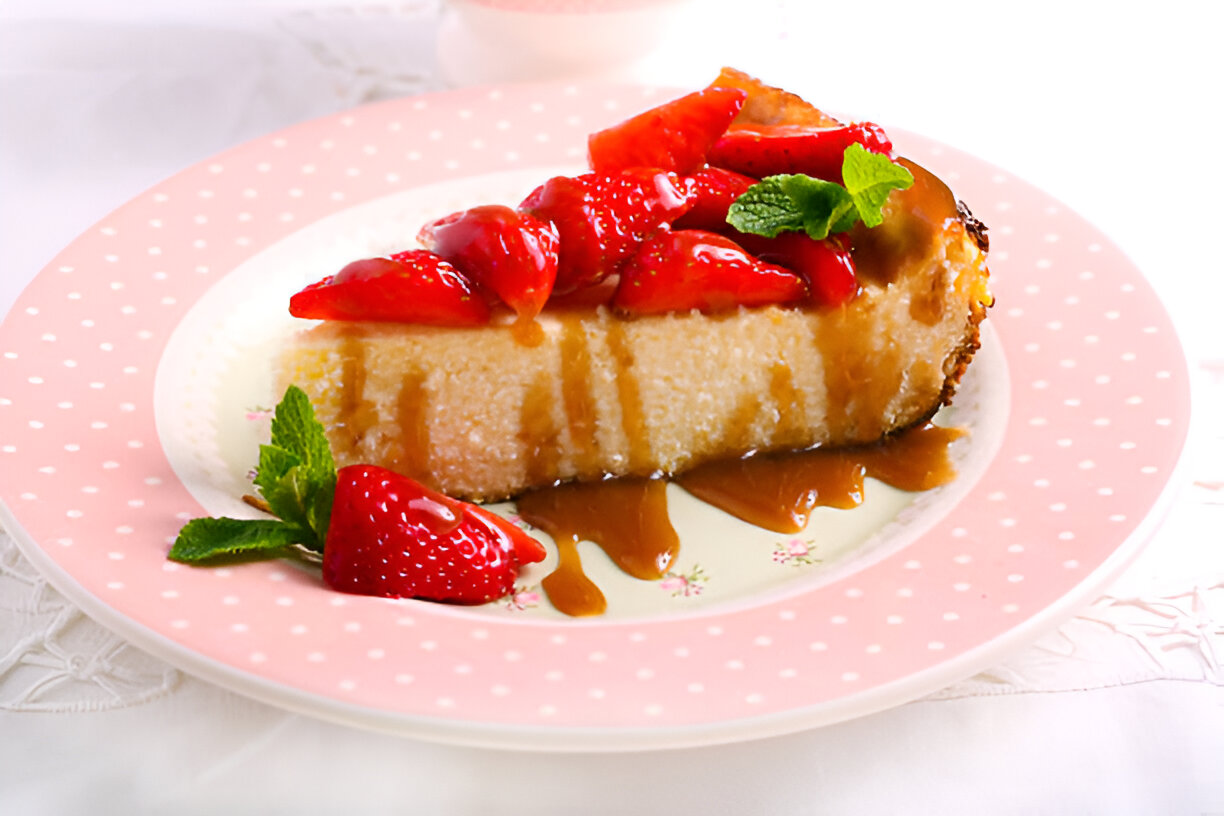 A slice of cheesecake topped with fresh strawberries and a drizzle of caramel sauce, served on a pink polka dot plate.