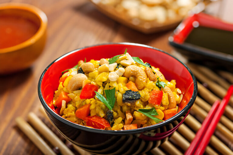 A vibrant bowl of colorful rice with assorted vegetables and nuts on a wooden table.