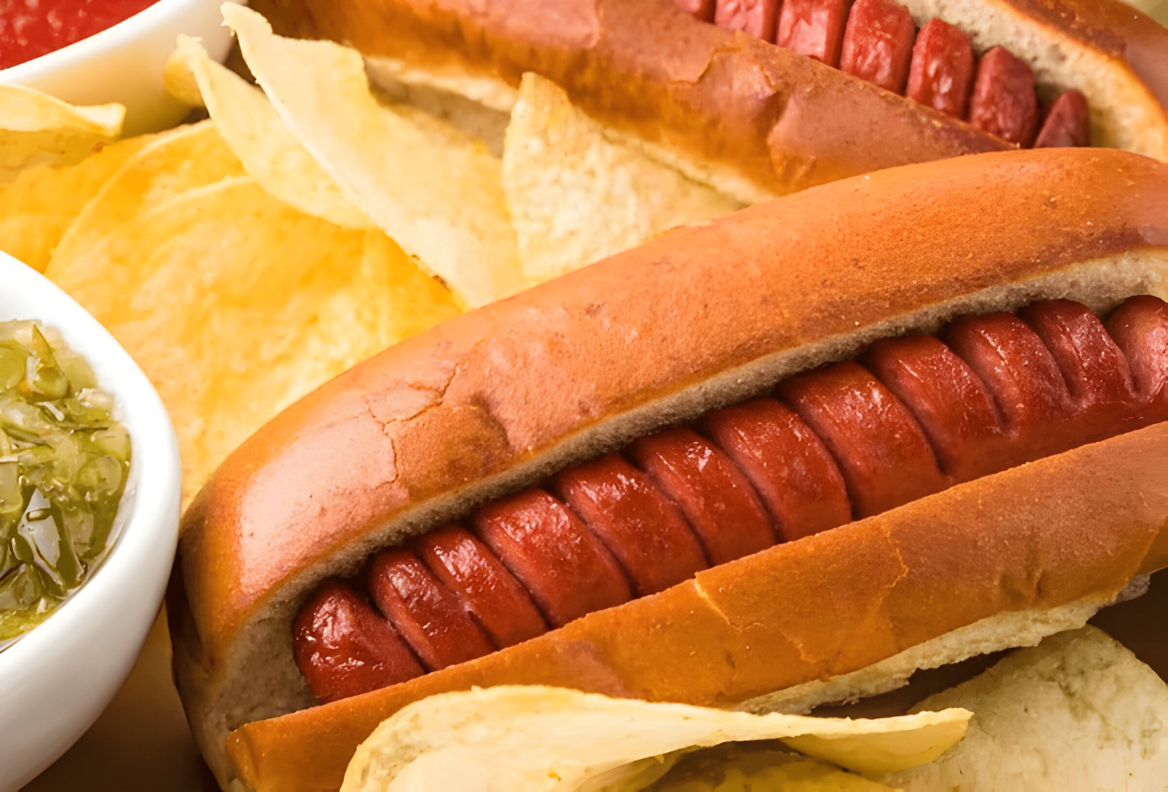 Two hot dogs in buns accompanied by potato chips and a small bowl of relish.