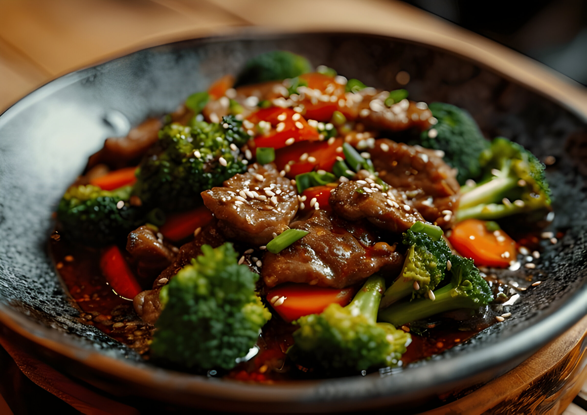 A bowl of stir-fried beef and vegetables with broccoli and bell peppers, garnished with sesame seeds