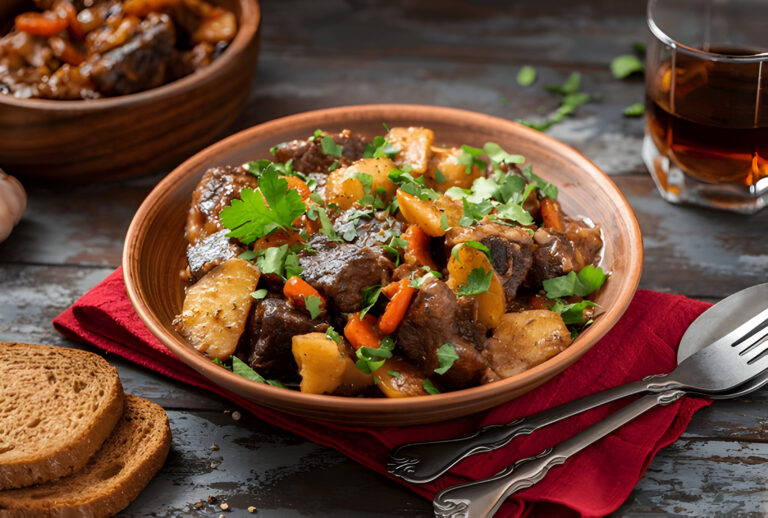 A delicious serving of beef stew with potatoes, carrots, and herbs in a rustic bowl, accompanied by slices of brown bread and a glass of drink.