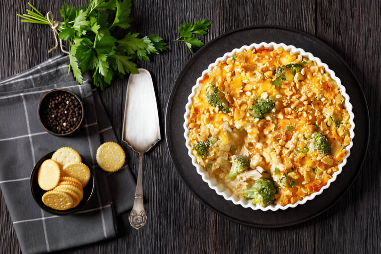 A delicious baked dish with broccoli and a crunchy topping, served on a black plate with crackers and pepper on the side.