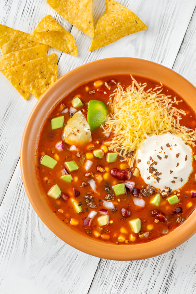 A bowl of hearty soup topped with cheese and sour cream, accompanied by tortilla chips on the side.