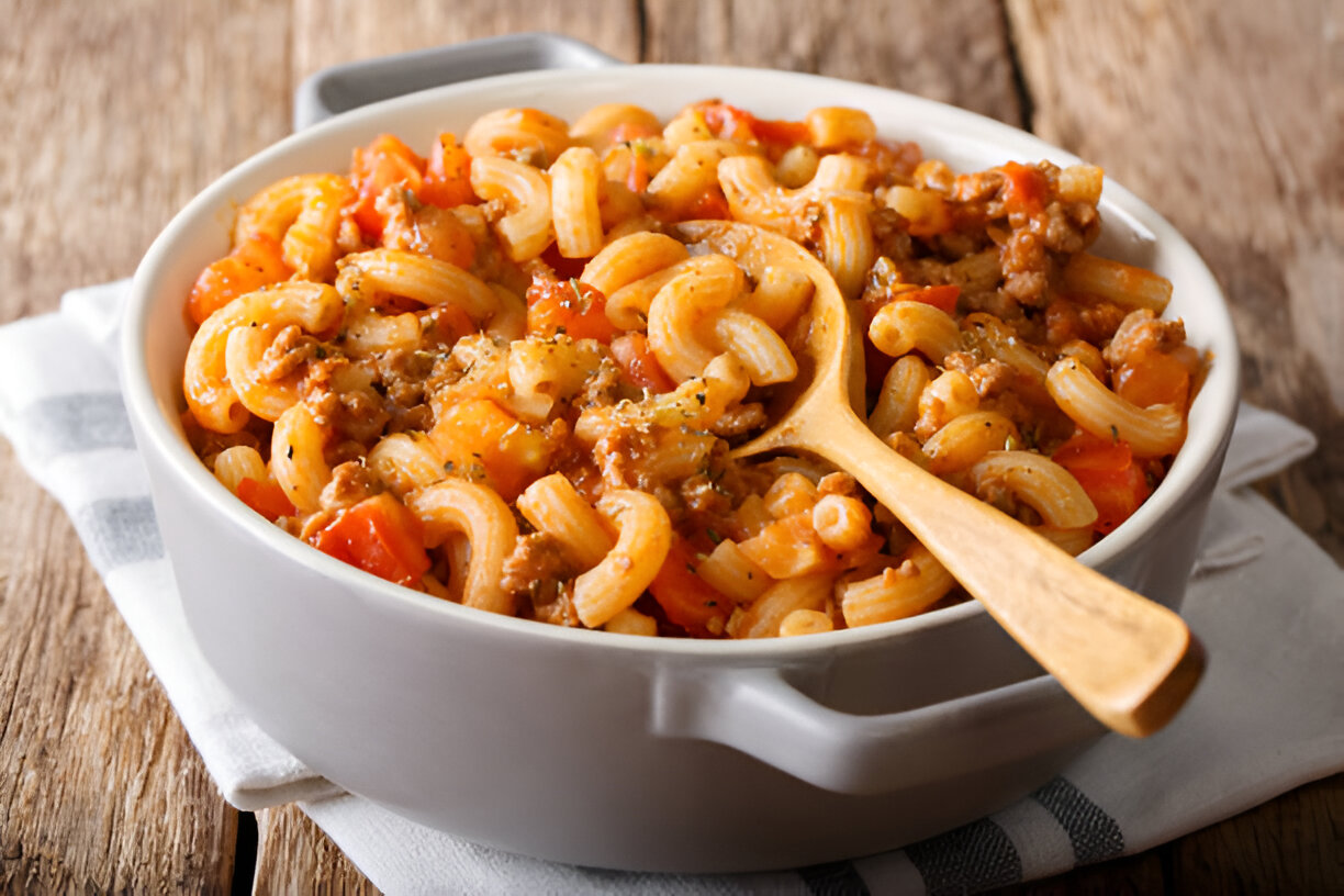 A bowl of pasta with meat and tomato sauce, served with a wooden spoon.