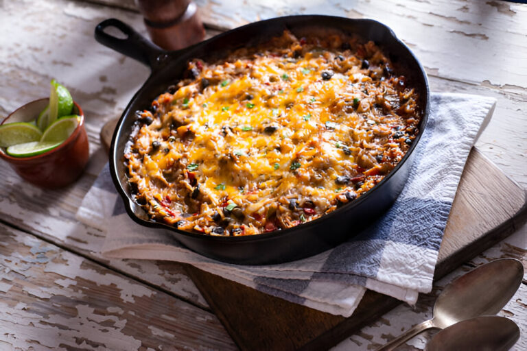 A savory baked dish with melted cheese, beans, and herbs in a cast iron skillet, accompanied by a small bowl of lime wedges.