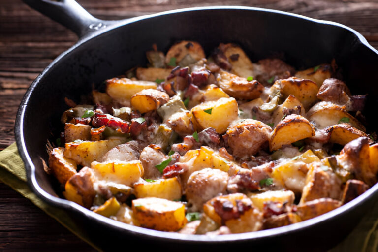A rustic cast iron skillet filled with roasted potatoes, crispy bacon, and melted cheese topped with herbs.