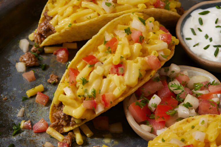 Three taco shells filled with macaroni and ground beef, served with diced tomatoes and white sauce on the side.