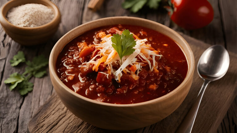 A bowl of chili topped with shredded cheese and cilantro, placed on a wooden surface.