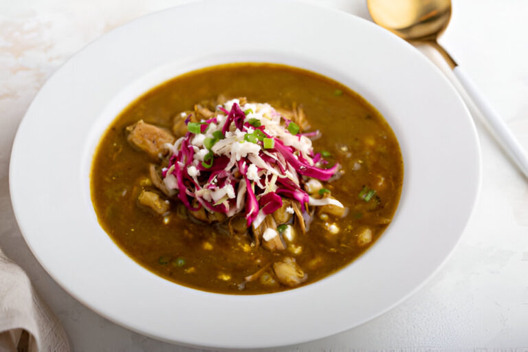 Bowl of soup with shredded chicken topped with shredded cabbage and green onions