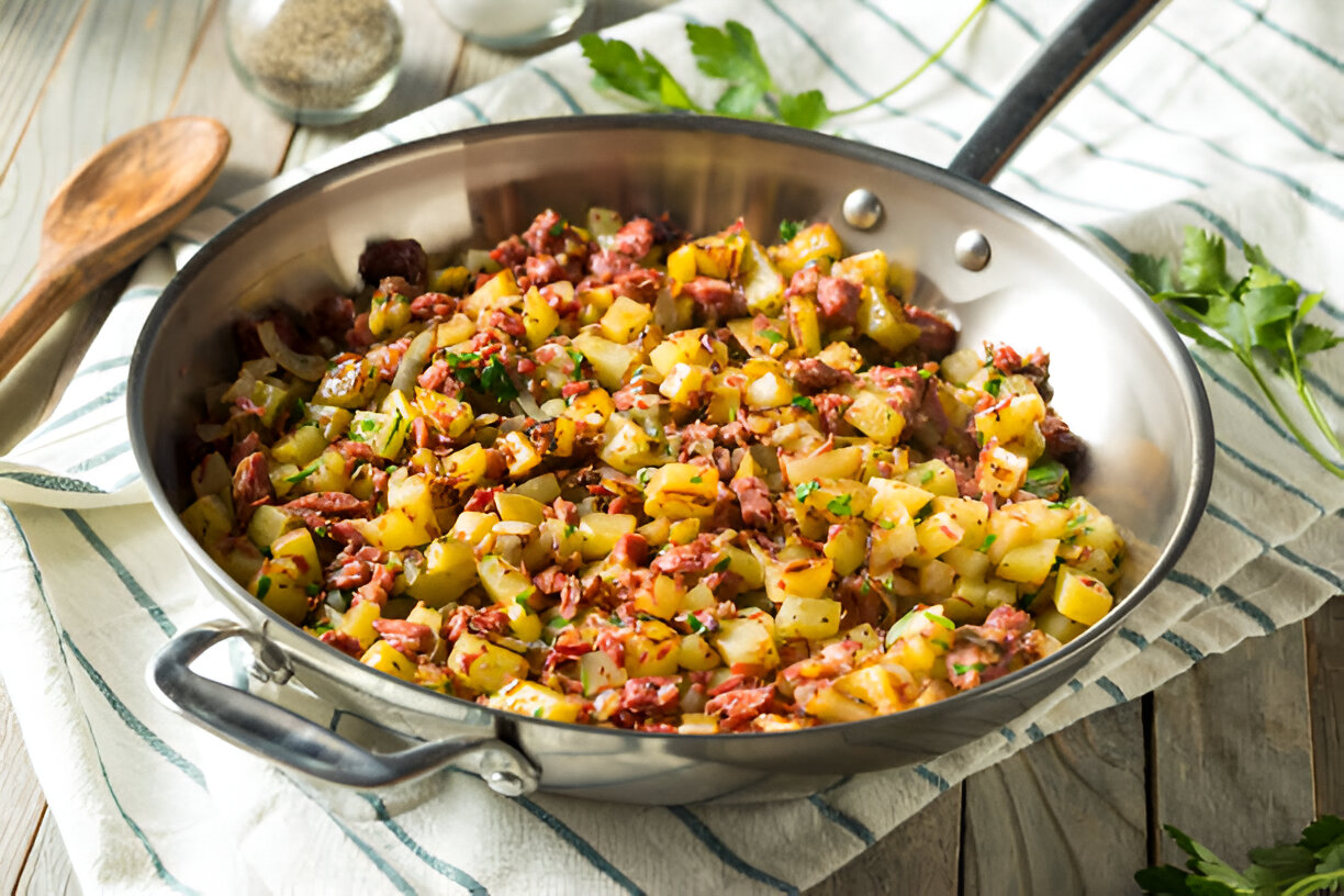 A silver skillet filled with a savory mixture of diced potatoes, chopped meat, and herbs, sitting on a striped kitchen cloth.