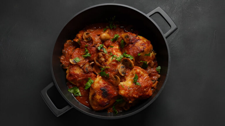 A cast iron pot filled with chicken thighs cooked in tomato sauce and garnished with mushrooms and parsley.