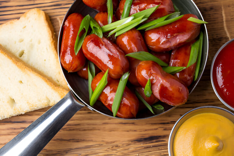 A serving of glossy mini sausages garnished with green onions, accompanied by bread and condiments.