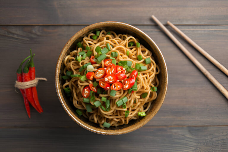 A bowl of noodles topped with sliced red chilies and chopped green onions, accompanied by a pair of chopsticks and a handful of red chilies on wooden surface.