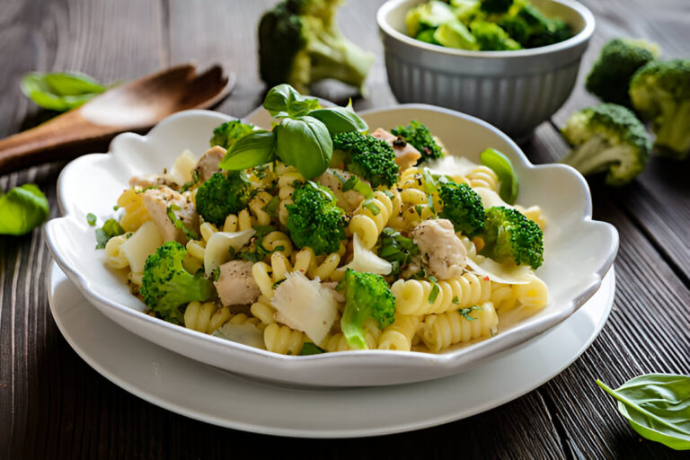 A plate of pasta with broccoli and chicken topped with fresh basil leaves on a wooden table.