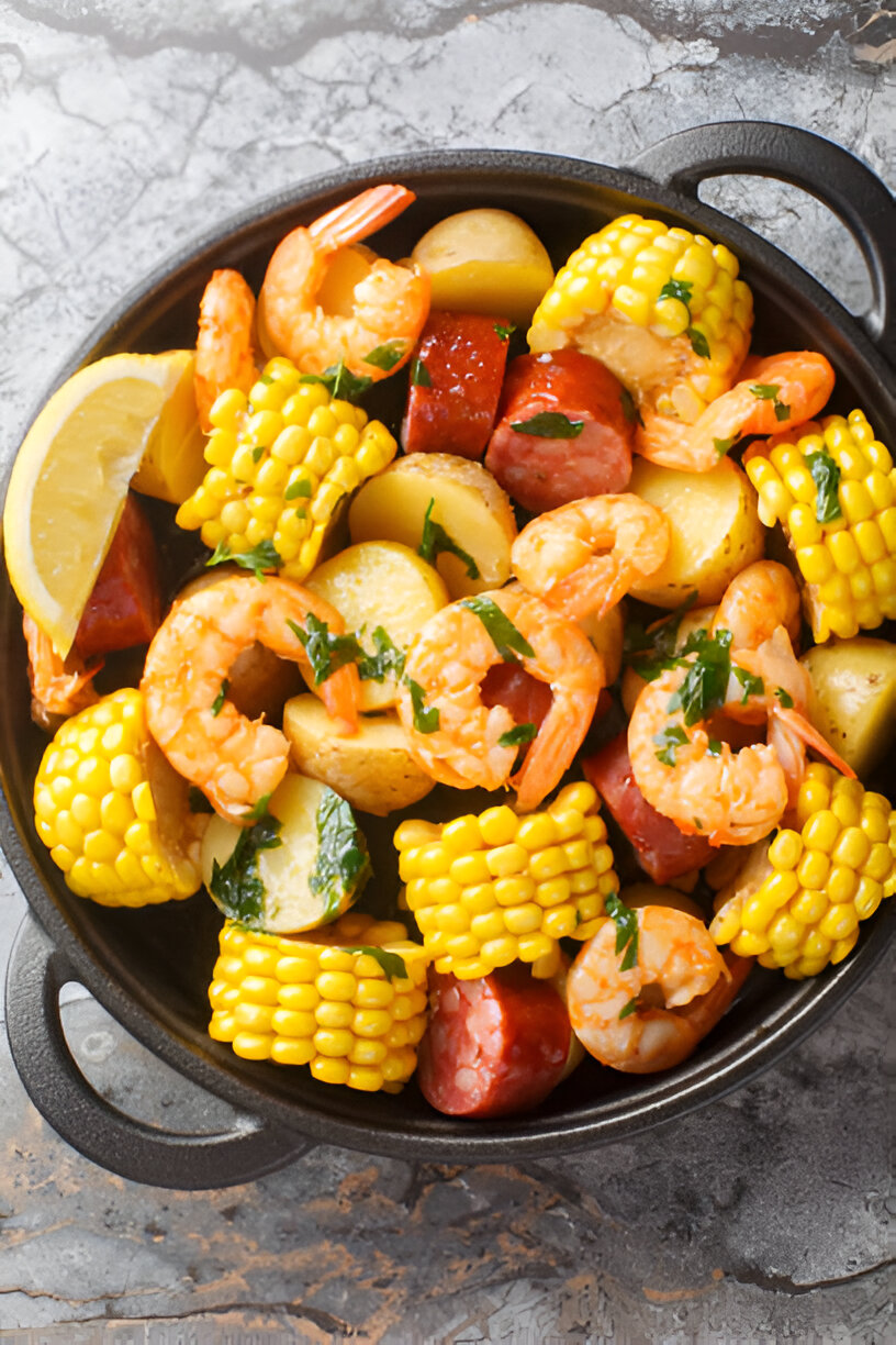 A black dish filled with shrimp, corn, and sausage, garnished with parsley and lemon wedges.
