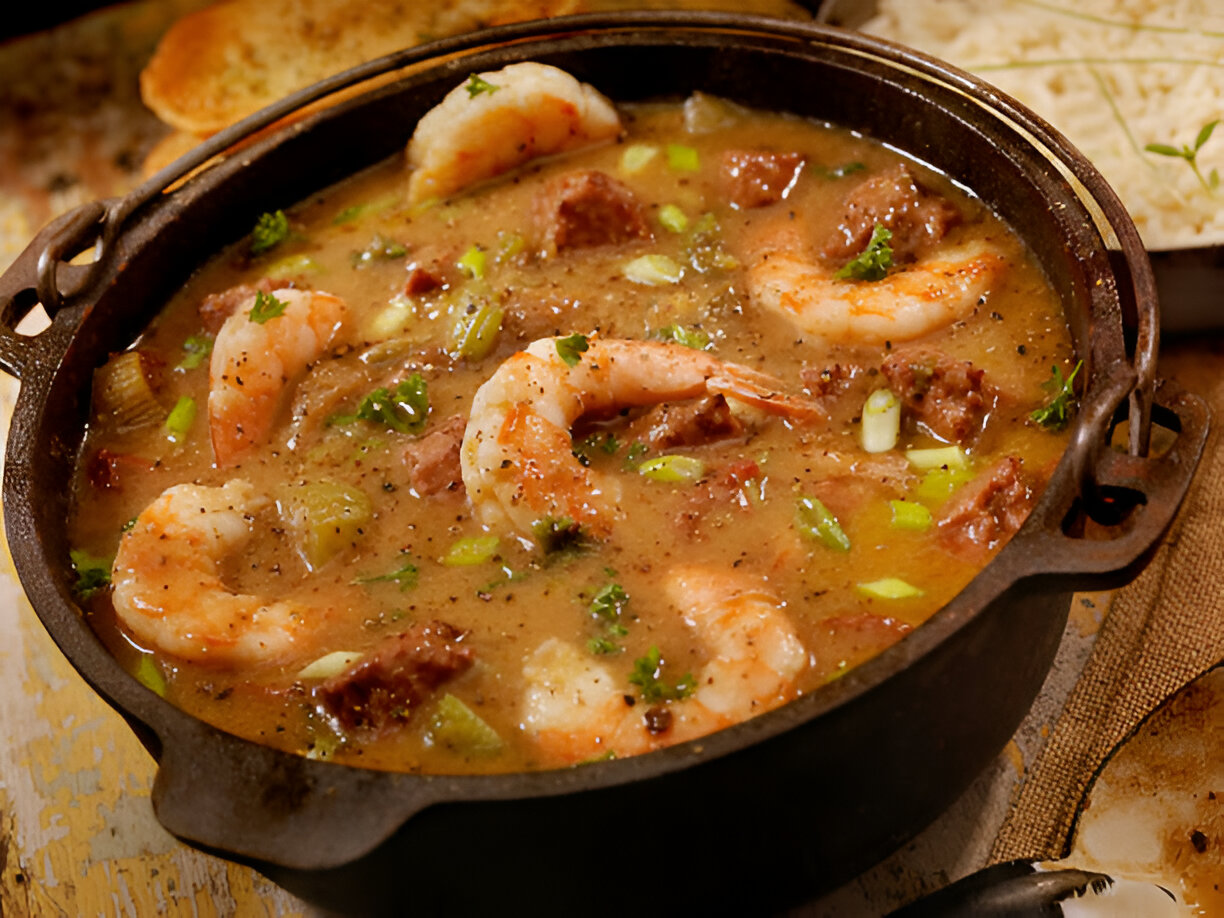 A pot of shrimp gumbo filled with shrimp, sausage, and vegetables.