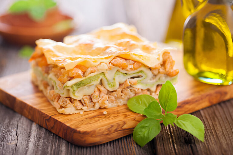 A slice of lasagna with layers of pasta, meat, and green vegetables on a wooden cutting board with olive oil bottles in the background.
