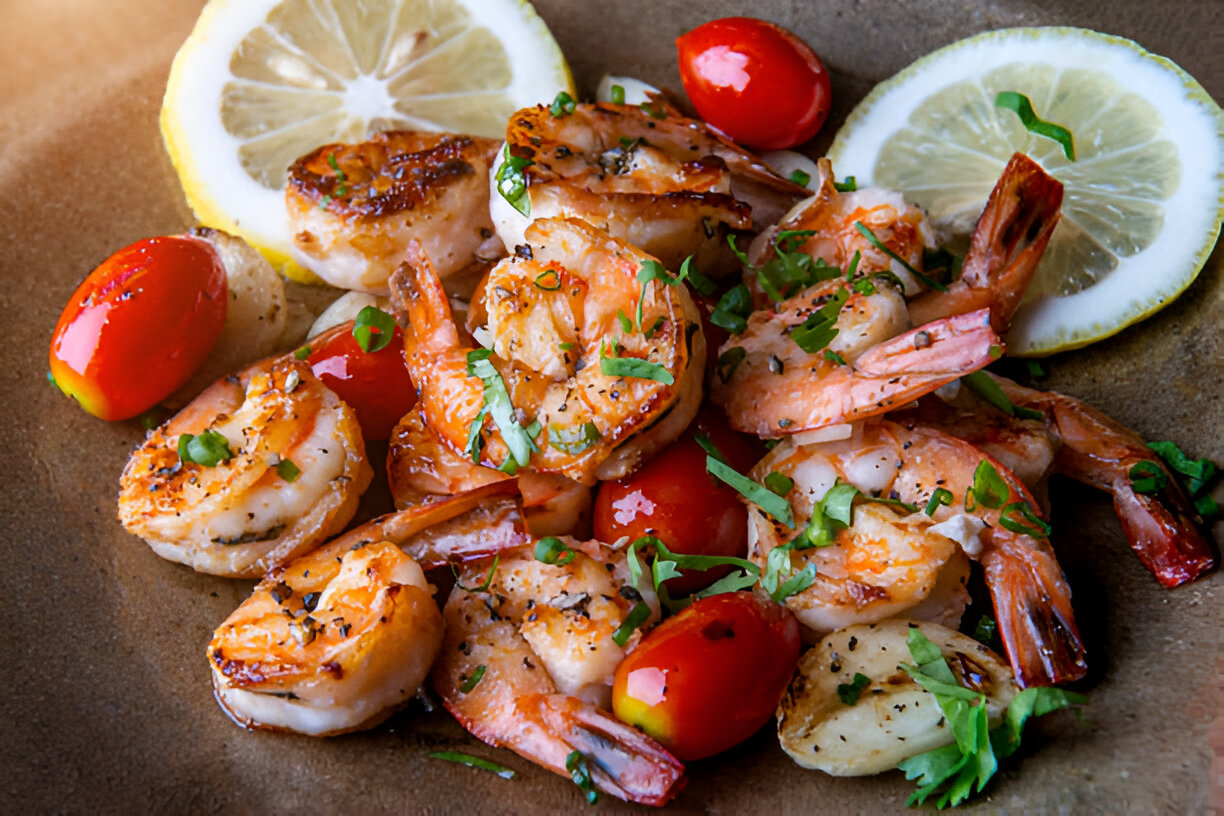 A delicious plate of sautéed shrimp garnished with fresh herbs, cherry tomatoes, and lemon slices.