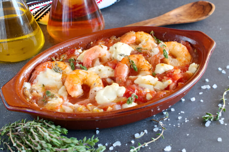 A delicious shrimp dish baked with cheese and tomatoes, served in a clay dish.