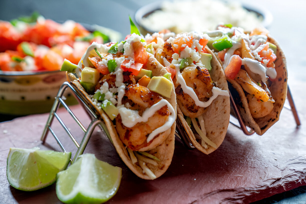 Three delicious shrimp tacos topped with fresh vegetables and creamy sauce, served with lime wedges.