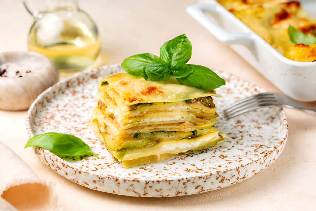 A beautifully arranged plate of lasagna with fresh basil on top, set against a soft background.