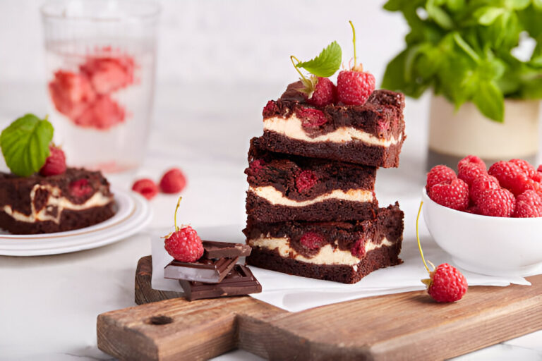 Delicious chocolate raspberry brownies stacked on a wooden board with fresh raspberries and mint leaves.