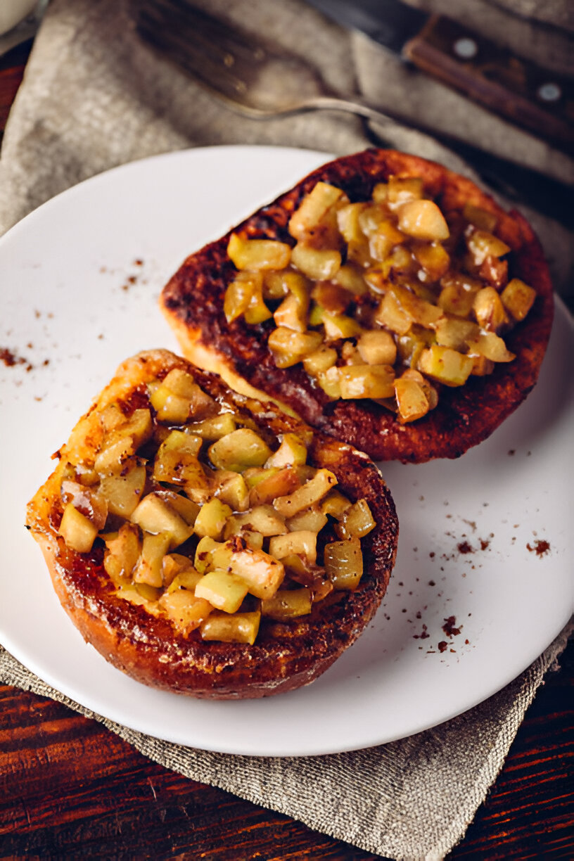 Two pieces of toast topped with diced cooked apples on a white plate.