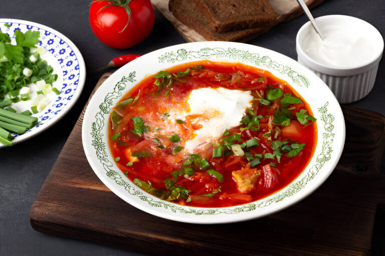 A bowl of red soup topped with cream and herbs, surrounded by fresh ingredients.
