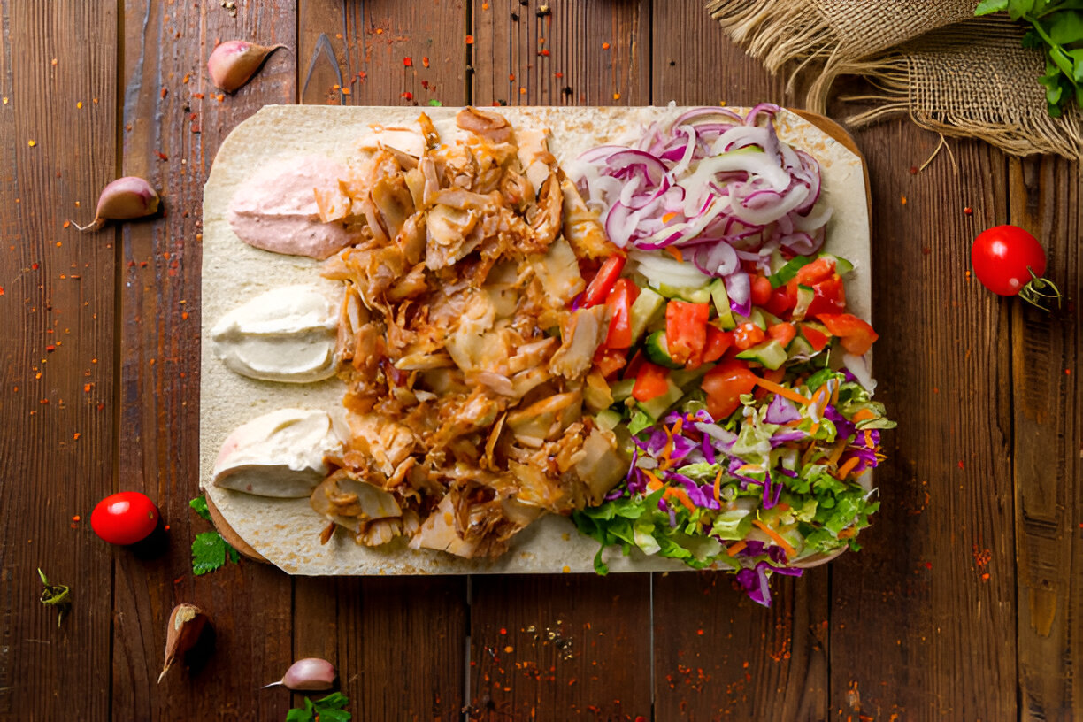 A colorful platter featuring shredded meat, fresh vegetables, and sauces on a large flatbread.