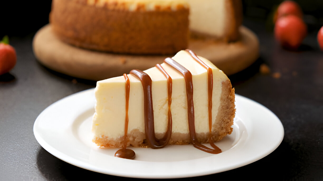 A slice of cheesecake drizzled with caramel on a white plate, with a whole cheesecake in the background.