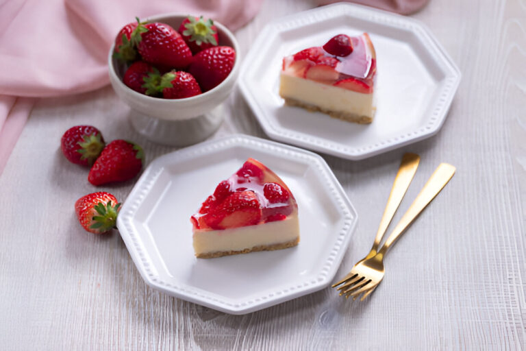A delicious strawberry cheesecake slice on a white plate, accompanied by fresh strawberries in a bowl.