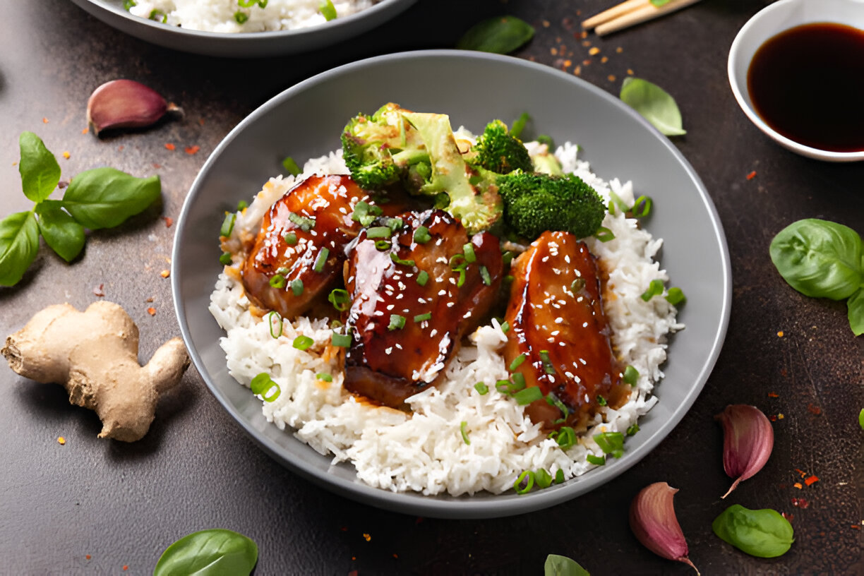 A bowl of rice topped with glazed chicken and broccoli, garnished with sesame seeds and green onions.