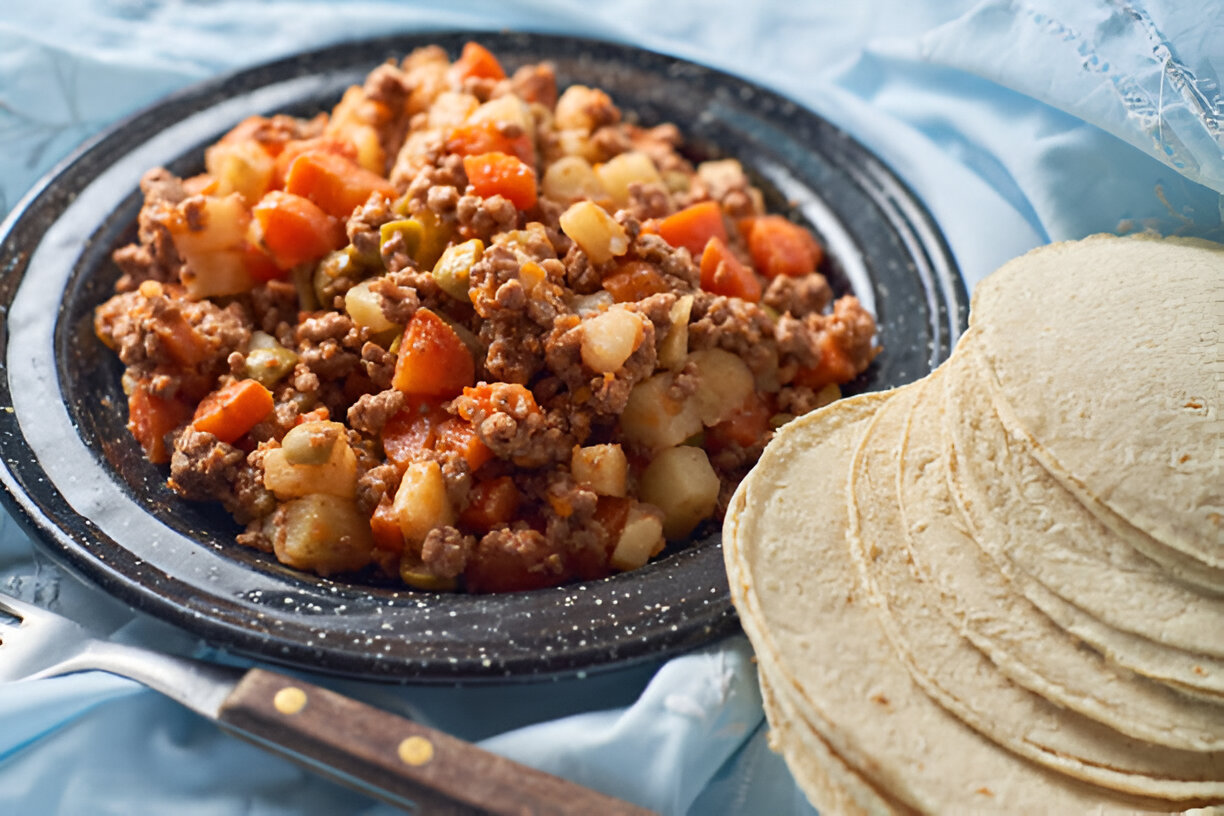 A plate of seasoned ground meat mixed with diced potatoes and carrots, alongside a stack of corn tortillas.