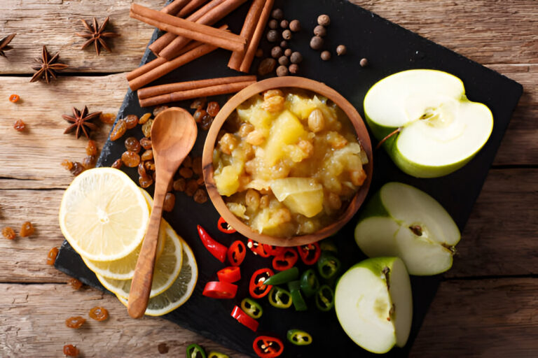 A wooden bowl filled with apple chutney, surrounded by fresh apple slices, lemon slices, raisins, and various spices like cinnamon and star anise on a black slate surface.