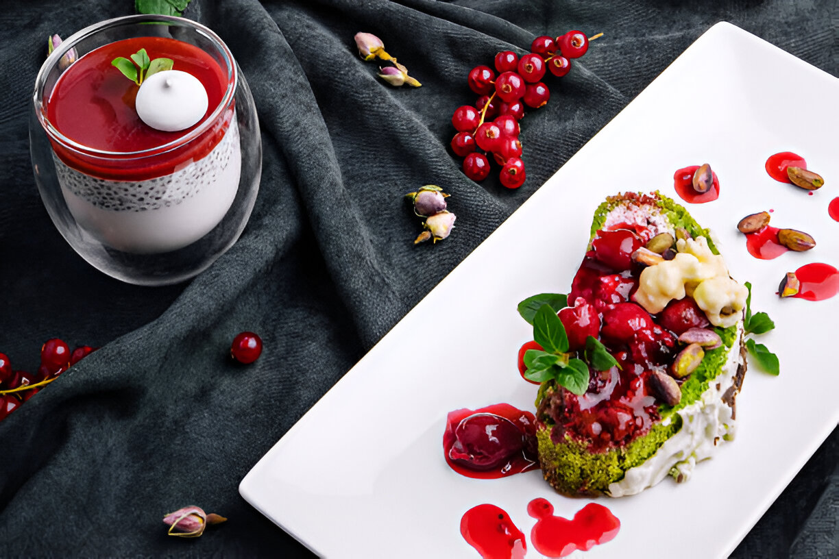 A beautifully presented dessert plate featuring a green pastry topped with red fruit sauce and garnished with nuts and mint leaves, alongside a glass cup of layered dessert with a raspberry topping.