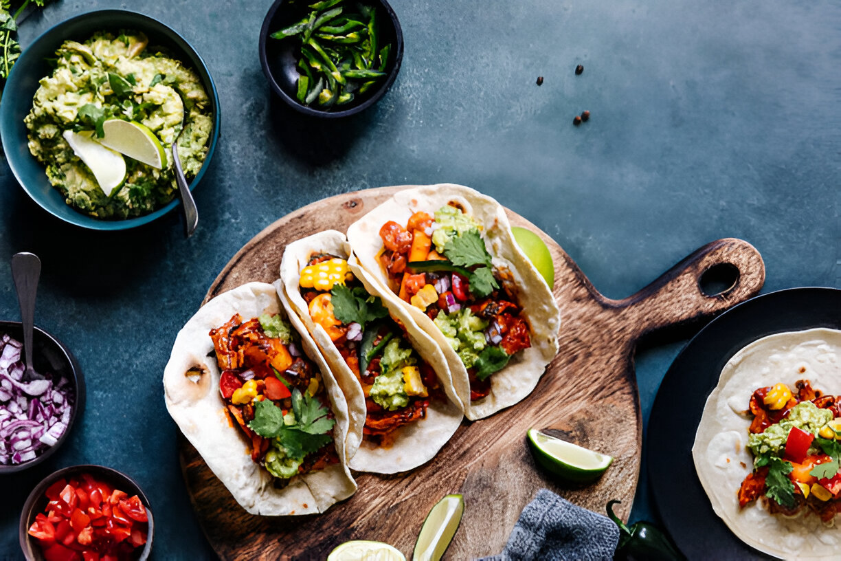 A wooden platter with three tacos filled with colorful toppings, accompanied by bowls of guacamole, chopped tomatoes, and green onions.