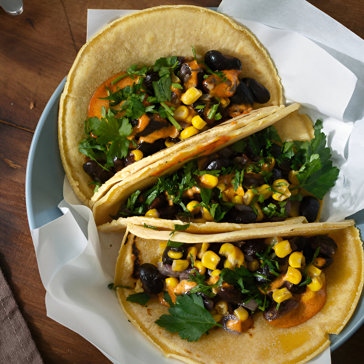 Three tacos filled with black beans, corn, and fresh herbs on a blue plate