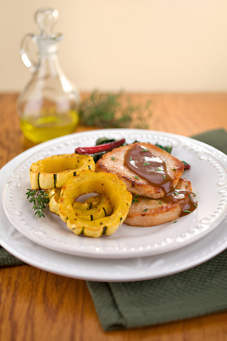 A delicious plate of cooked meat with yellow squash rings and a brown sauce, garnished with herbs, set on a wooden table.