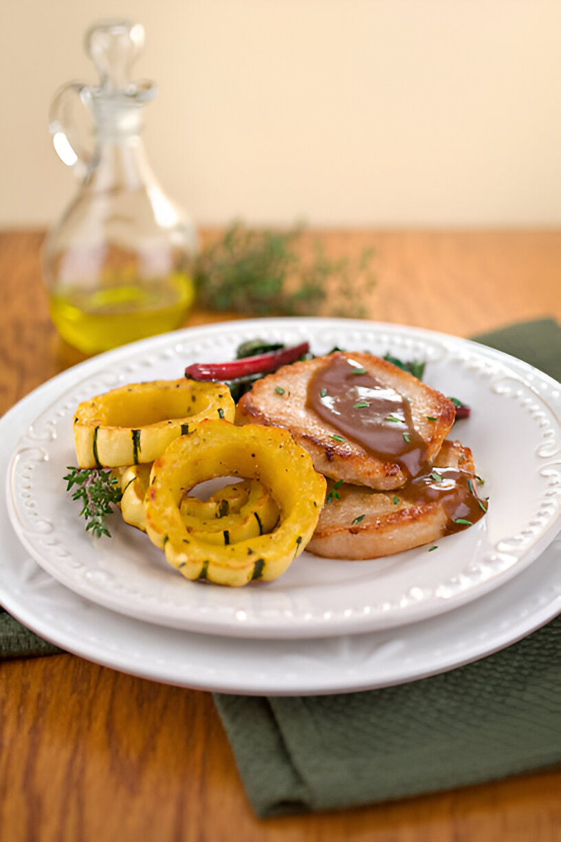 A delicious plate of cooked meat with yellow squash rings and a brown sauce, garnished with herbs, set on a wooden table.