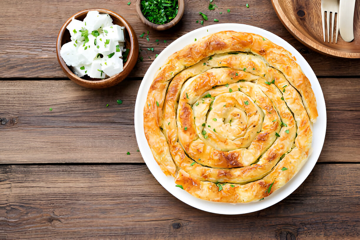 A golden, spiral pastry on a white plate, garnished with green herbs, surrounded by bowls of cheese and chopped herbs.