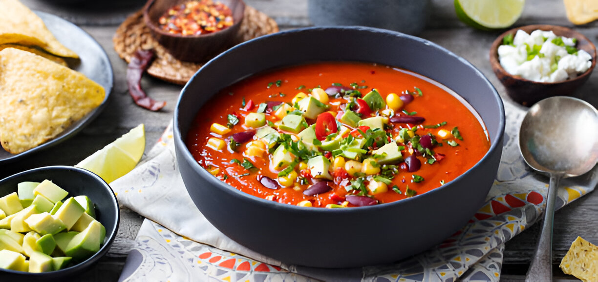 A vibrant bowl of tomato soup garnished with corn, diced avocado, and fresh herbs, with tortilla chips and lime on the side.