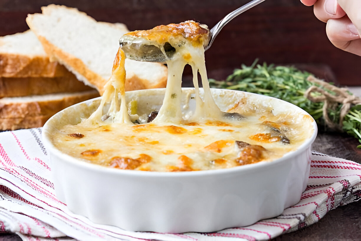 A bowl of cheesy baked dish with a spoon pulling up melted cheese, surrounded by slices of bread and herbs.