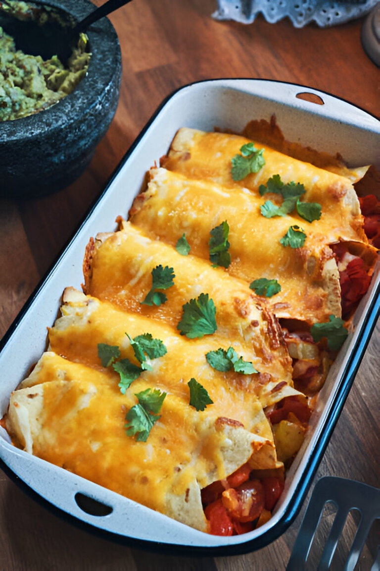 A serving dish filled with enchiladas topped with melted cheese and fresh cilantro, with a bowl of guacamole in the background.
