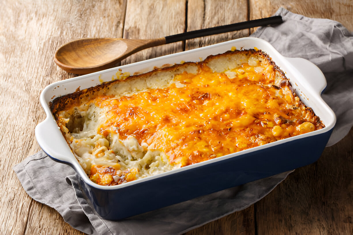 A deliciously baked casserole with a golden cheese topping in a rectangular dish, placed on a wooden table.