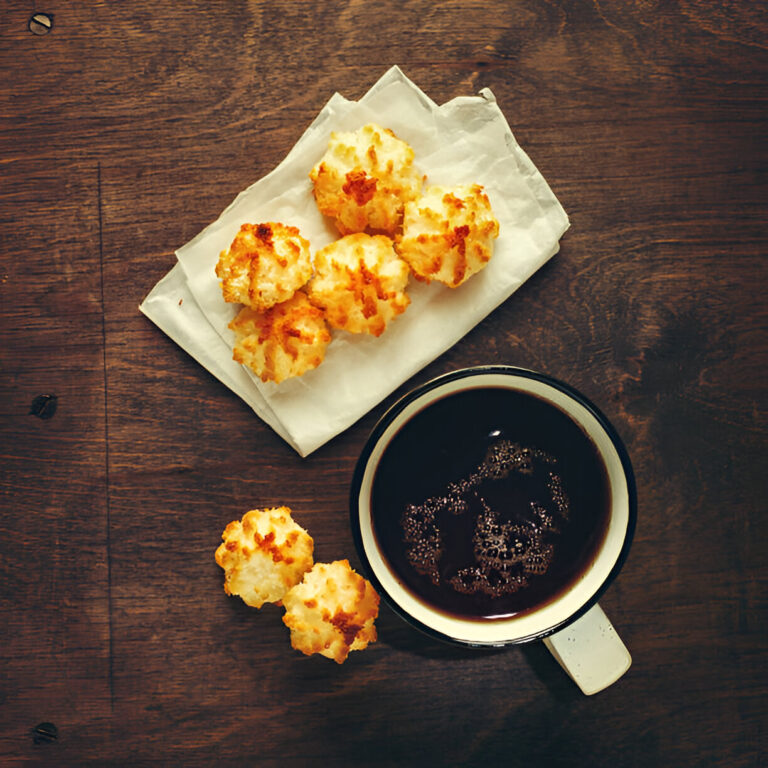 A cup of black coffee next to a serving of coconut macaroons on a white napkin on a wooden table.