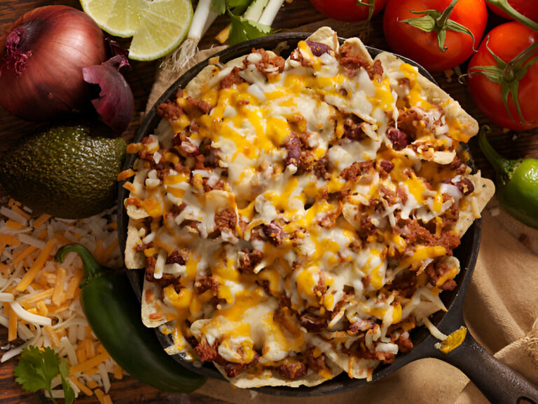 A cast iron skillet filled with cheesy nachos topped with ground meat, served alongside fresh vegetables.