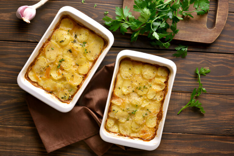 Two dishes of golden brown potato gratin on a wooden table, garnished with herbs.