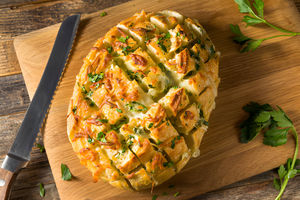 A freshly baked and sliced cheesy bread topped with herbs on a wooden cutting board.
