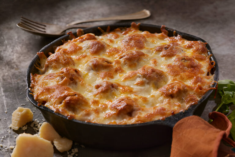 A golden and cheesy baked dish in a cast iron skillet, garnished with green herbs and surrounded by cheese pieces.