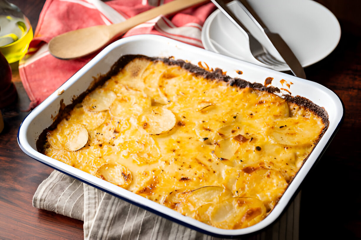 A baked dish of cheesy scalloped potatoes in a white enamel pan on a wooden table
